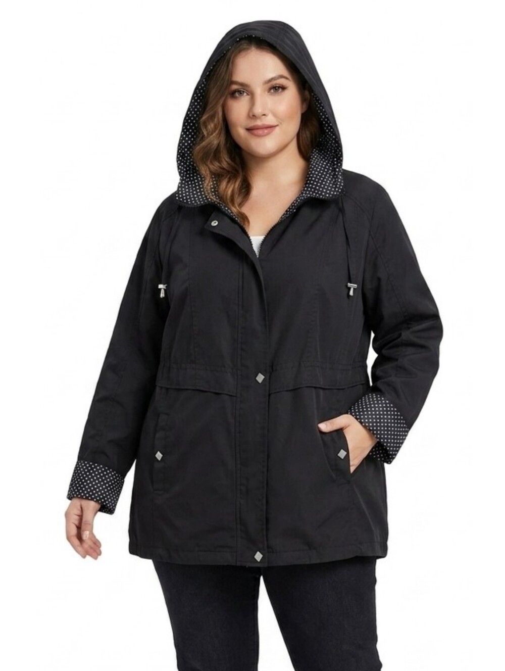 Totes Plus Size Black Hooded Raincoat with Polka Dot Lining